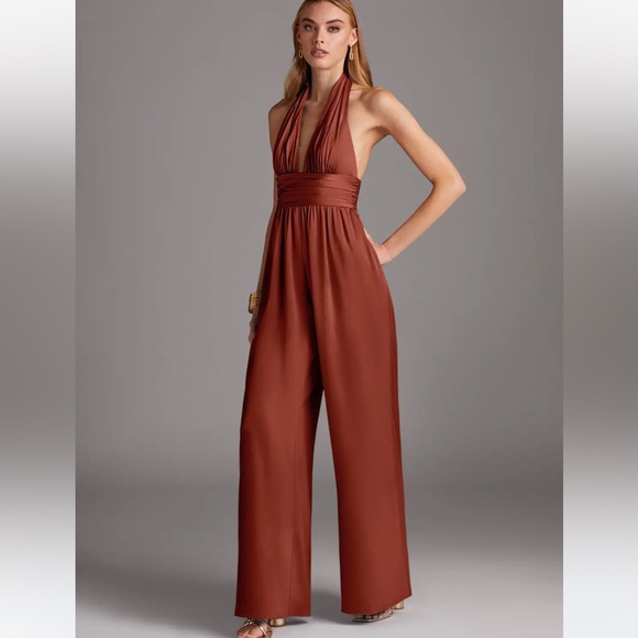 Azazie Pants - Azazie Chic Brown Halter Jumpsuit